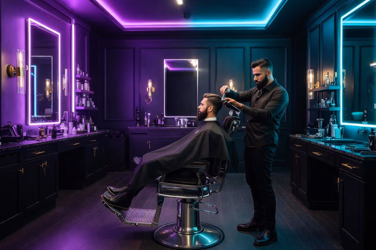 Barbearia premium com iluminação neon